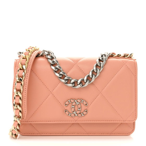 CHANEL Lambskin Quilted Chanel 19 Wallet On Chain WOC Light Orange