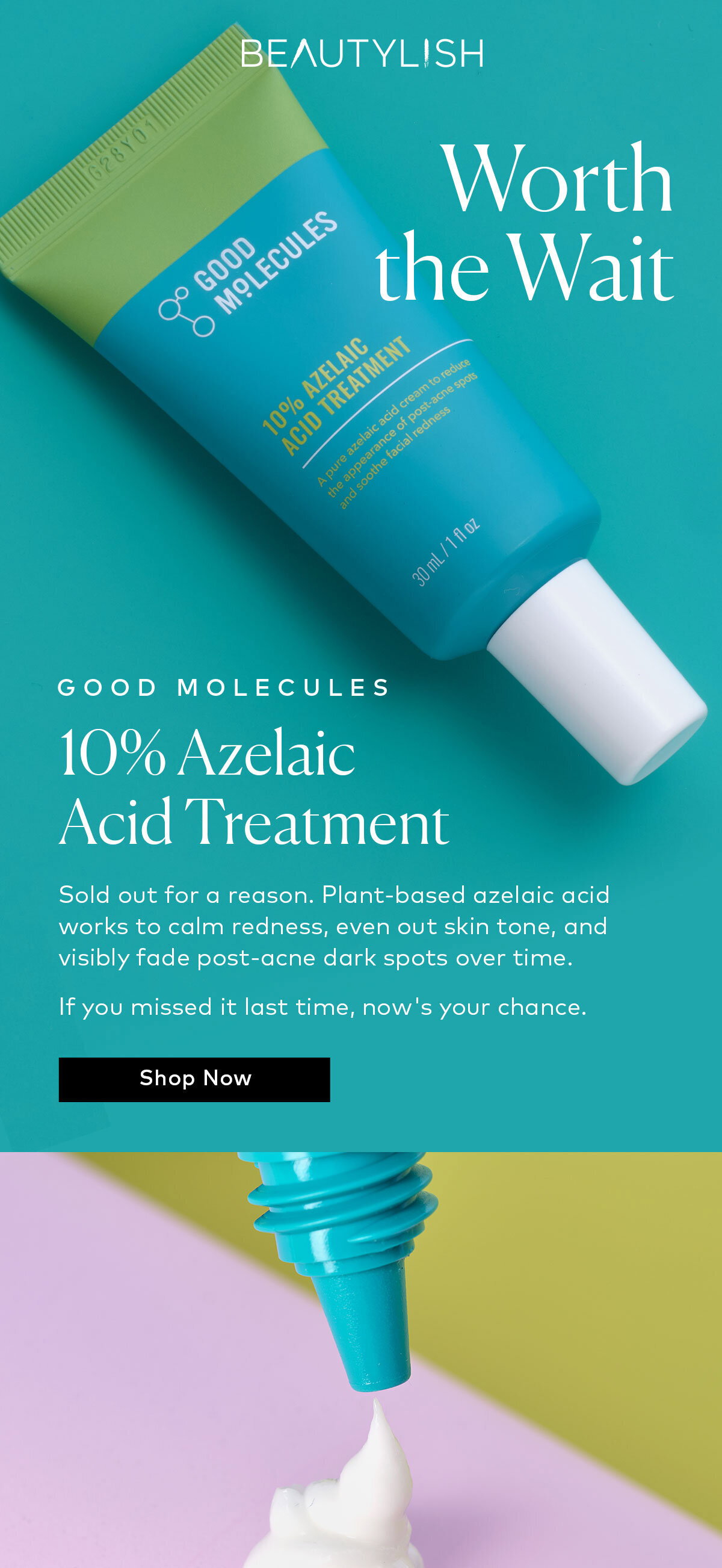 Plant-based azelaic acid works to calm redness, even out skin tone, and visibly fade post-acne dark spots over time. Shop the Good Molecules 10% Azelaic Acid Treatment on Beautylish.com