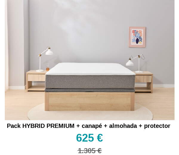 Aplica los códigos RAPACK35, RACOLCHON20, RABASE20 o RAACCESORIO5, y ahorra hasta un máximo de 80€ comprando productos de cada una de las categorías (35€ en Packs + 20€ en Colchones + 20€ en Bases + 5€ en Accesorios o Almohadas).