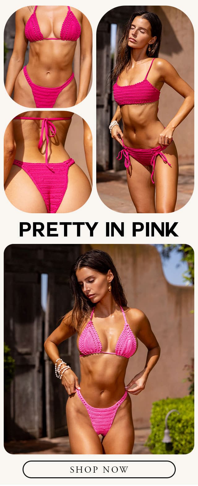 Pretty in pink. Model wearing pink crochet bikinis. Shop now. 