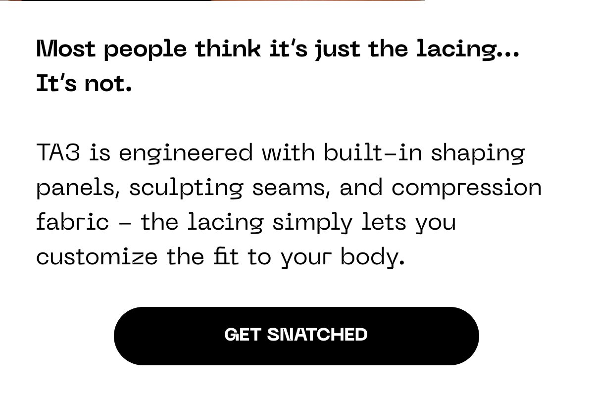 Text about TA3's features, including shaping panels and compression fabric.