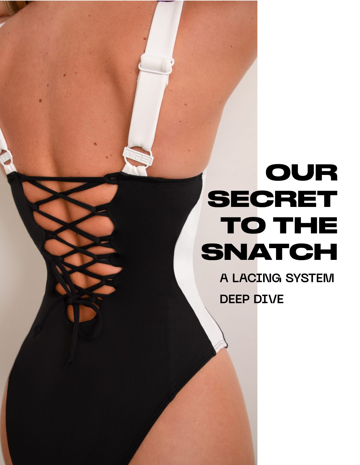 A swimsuit with a lacing system on the back and text about its features.