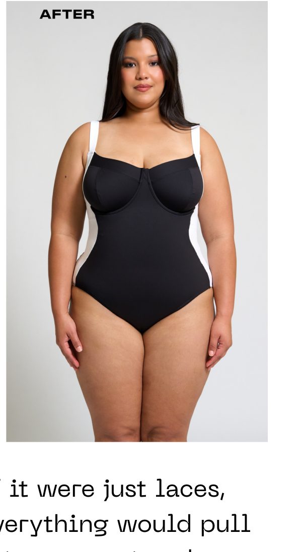Model wearing a black and white swimsuit, with text that says "after".