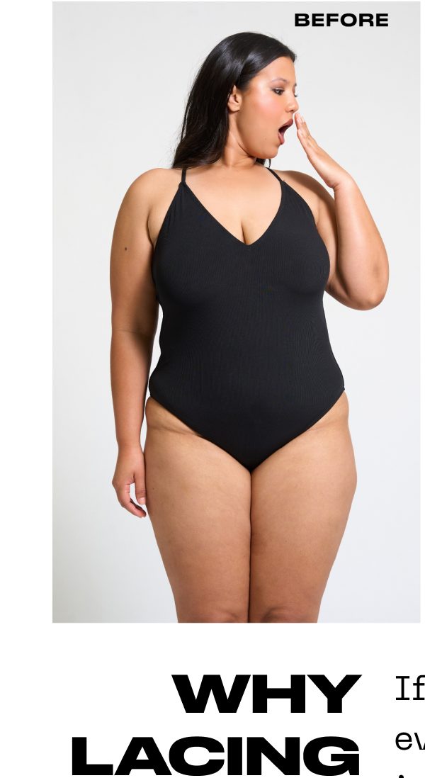 A person in a black swimsuit looking bored, with text that says 'Before'.