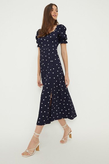 Navy Spot Sweetheart Neckline Midi Dress