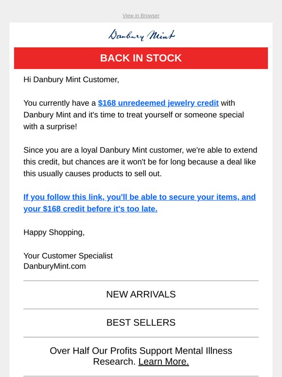 Re: Your $168 Credit
