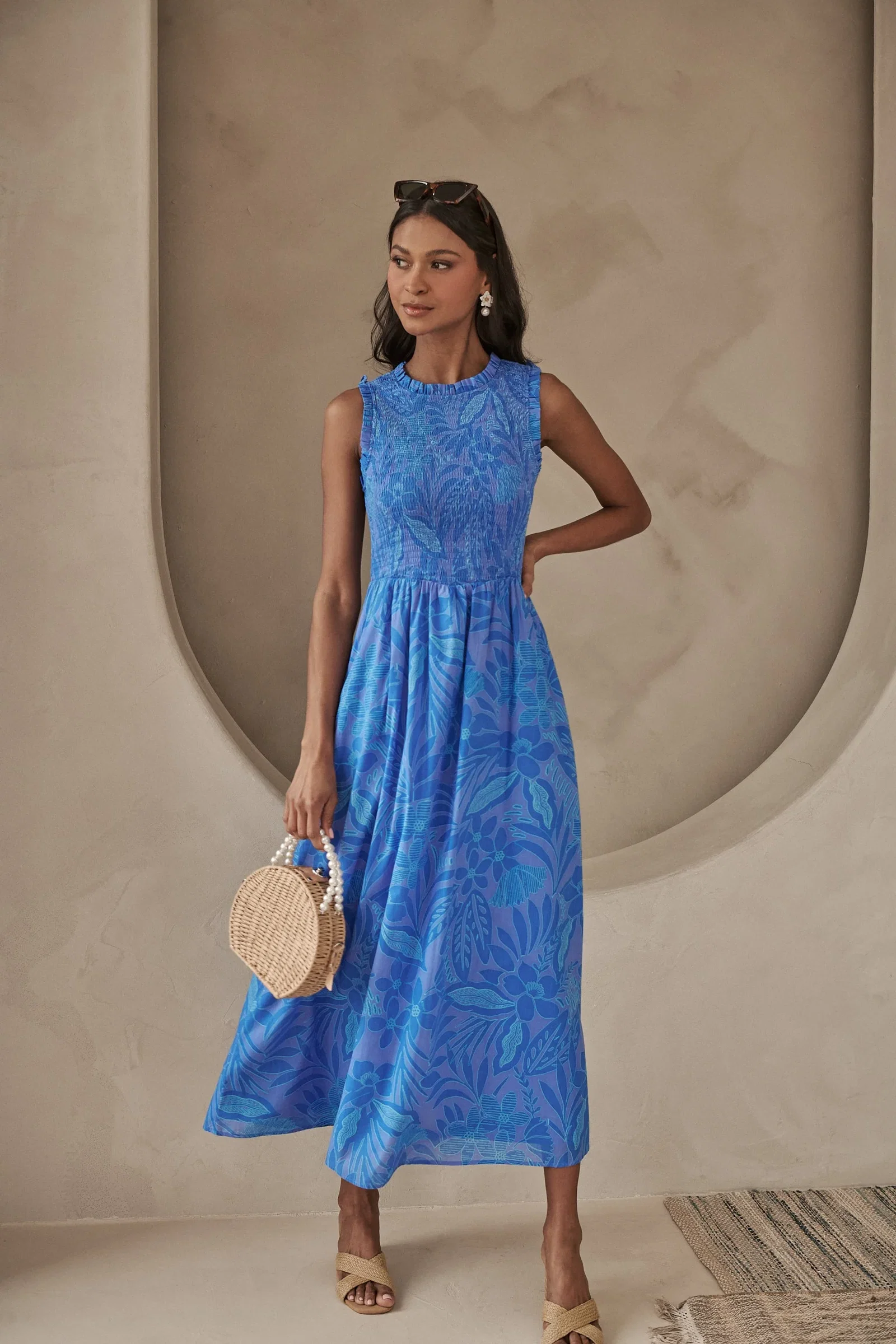 Image of Warren Floral Cecil Smocked Sleeveless Midi Dress