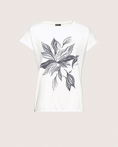 T-Shirt, dunkelblau, florales Muster, Produktansicht, Vorderansicht. T-Shirt, Weiß, florales Muster, Vorderansicht, Produktansicht