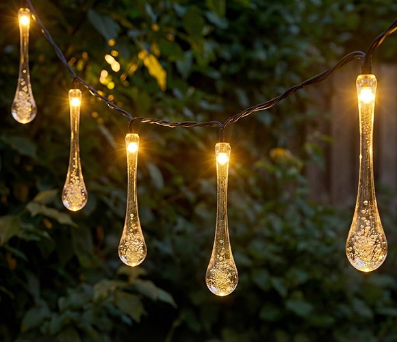 Lichterkette mit tropfenförmigen Leuchten, warmweiß, Außeneinsatz geeignet, Vorderansicht