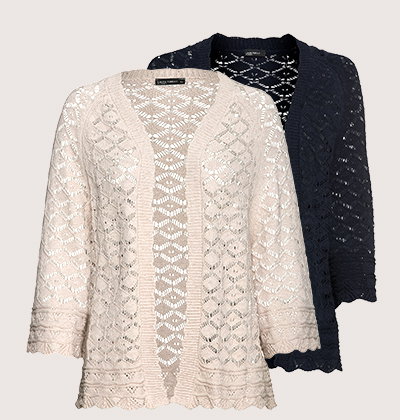 Strickjacke, 2er-Pack, Beige, Dunkelblau, Lochstrickmuster, Produktansicht, Vorderansicht