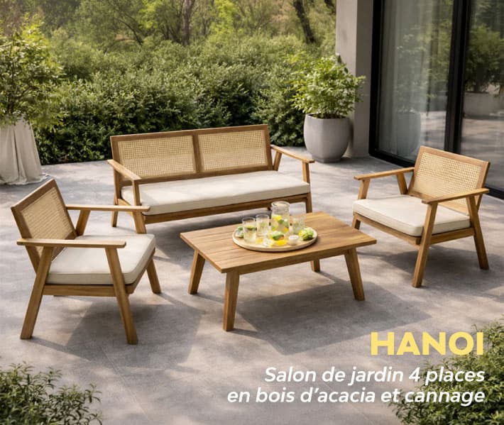 Salon de jardin 4 places en bois d'acacia et cannage HANOI