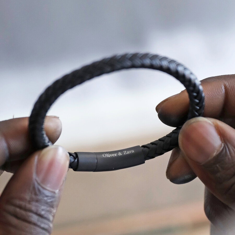 Image of Men's Personalised Leather Bracelet with Matte Black Clasp