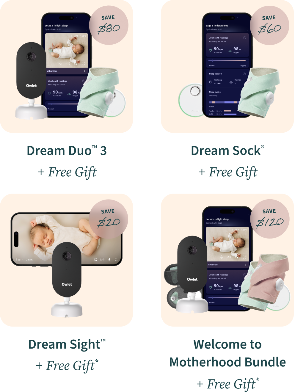 Dream Duo 3 + Free Gift - Save $80 | Dream Sock + Free Gift - Save $60 | Dream Sight + Free Gift - Save $20 | Welcome to Motherhood Bundle + Free Gift - Save $120