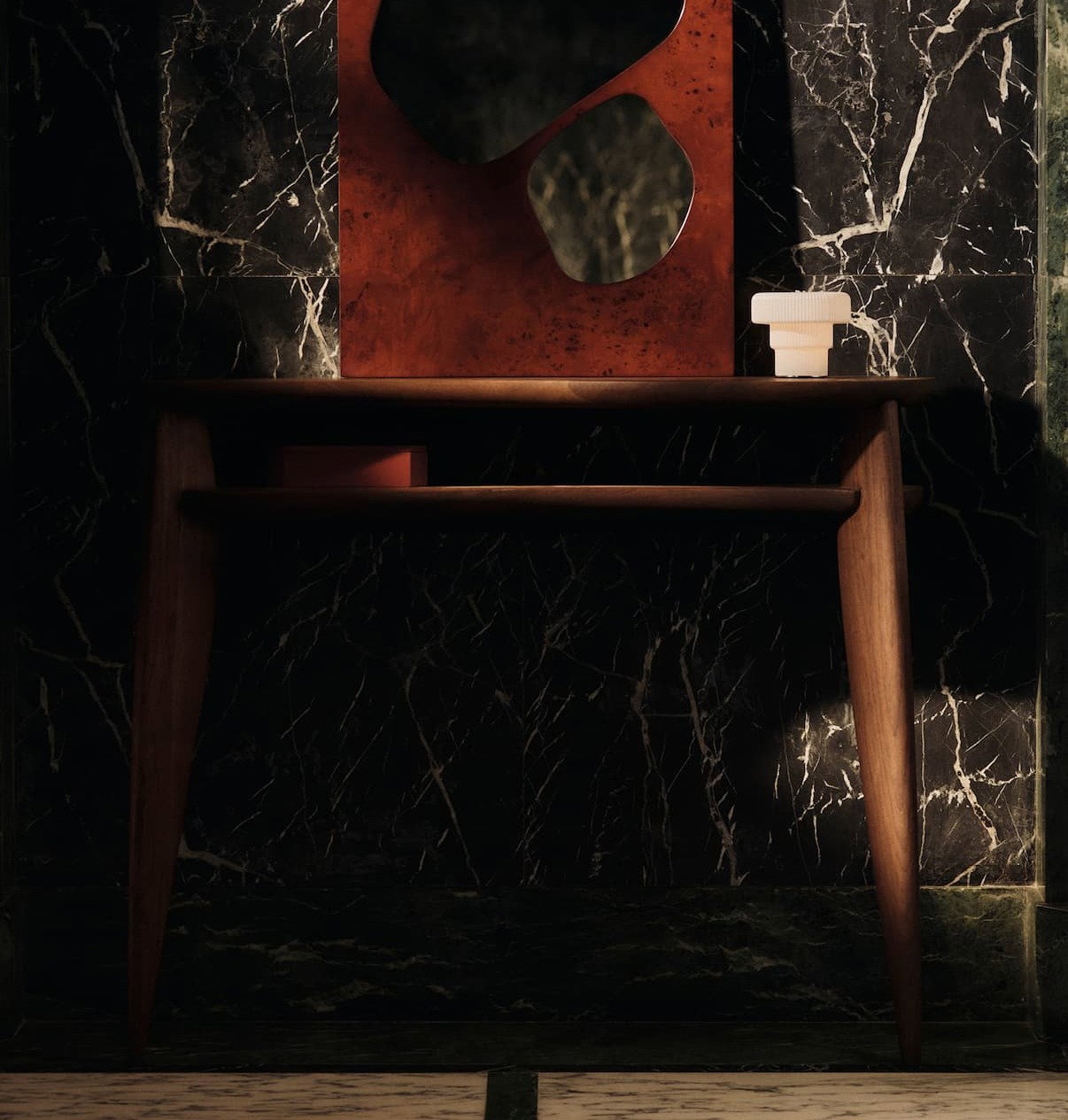 Feve console table styled with mirror and table light