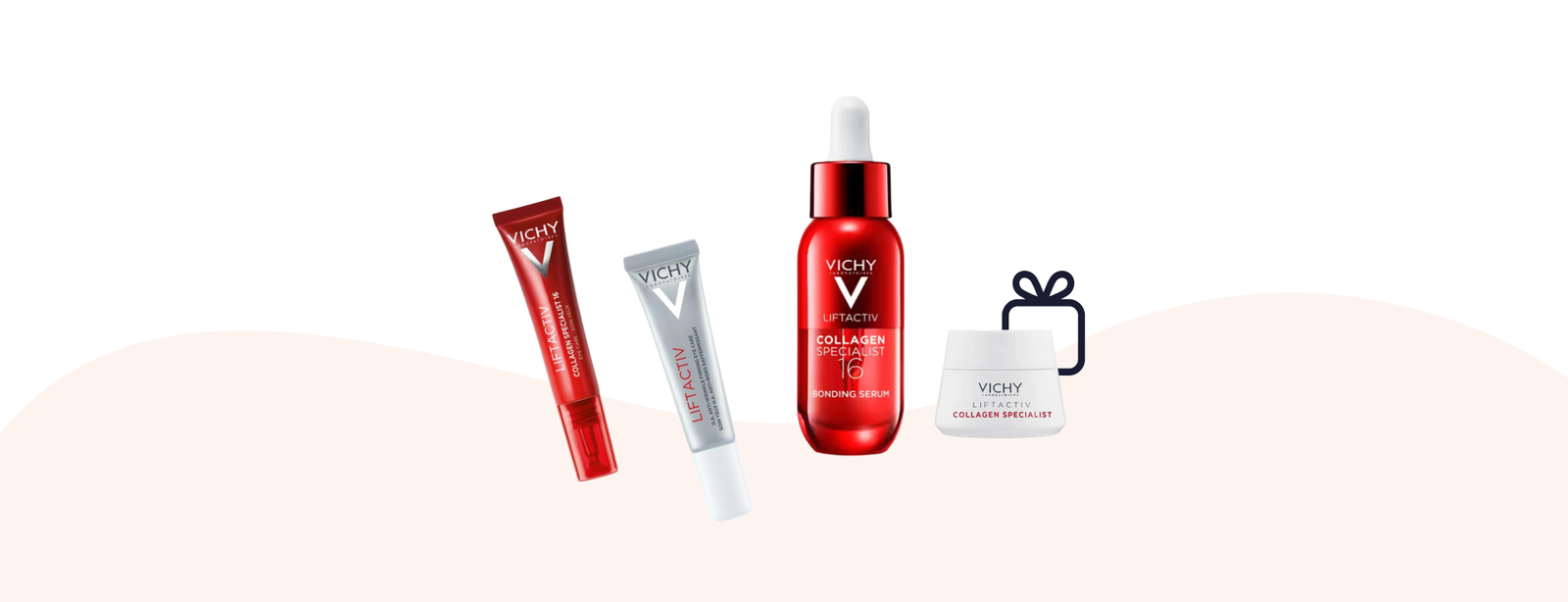 Vichy LiftActiv Collagen Specialist skincare set: red bonding serum bottle, cream jar and two treatment tubes on pale background