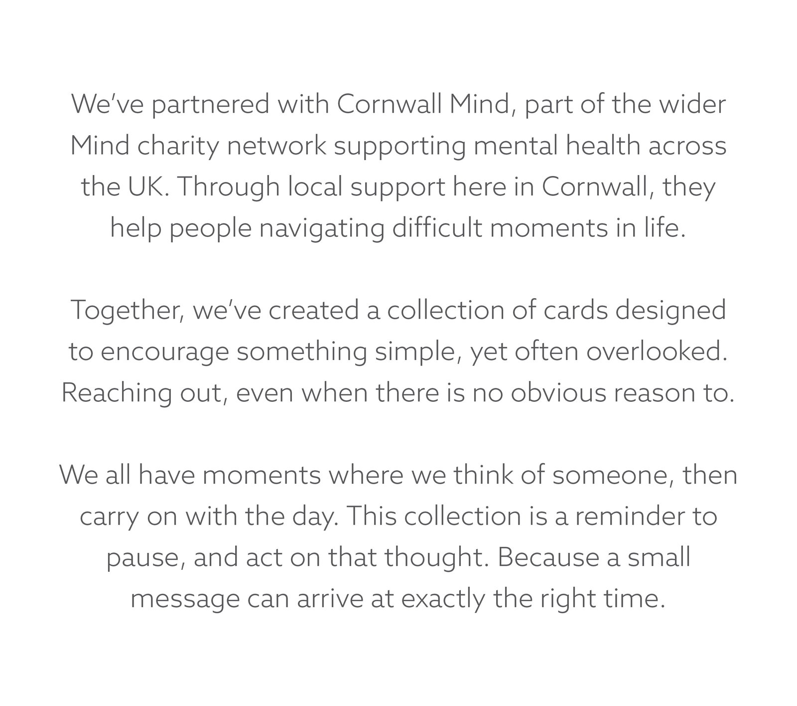 Whistlefish and Mind Cornwall collaboration message encouraging people to reach out and send a card, highlighting the importance of small gestures and meaningful connection.