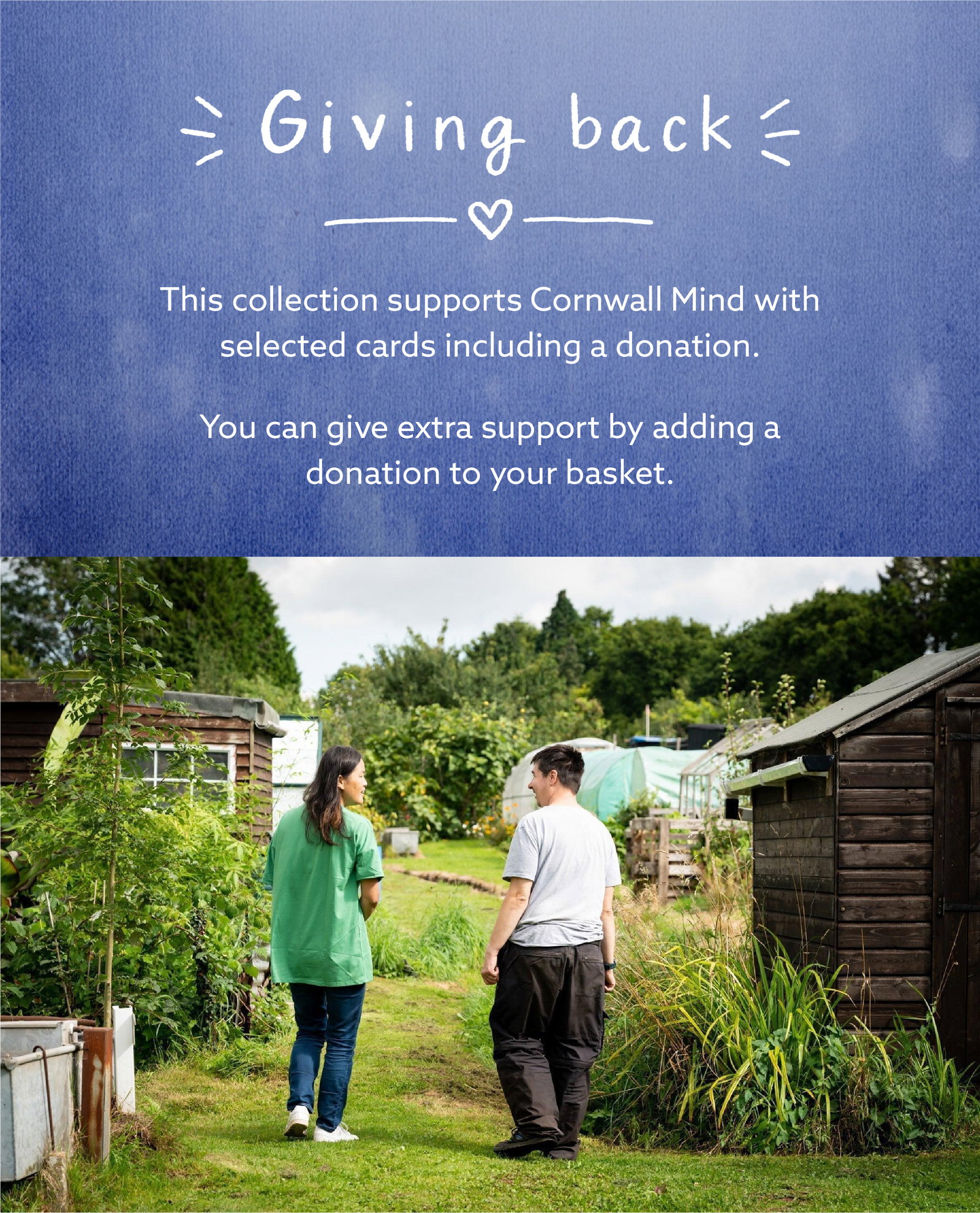 Giving back message explaining that selected Whistlefish cards include a donation to Mind Cornwall, with an option for customers to add an additional contribution.