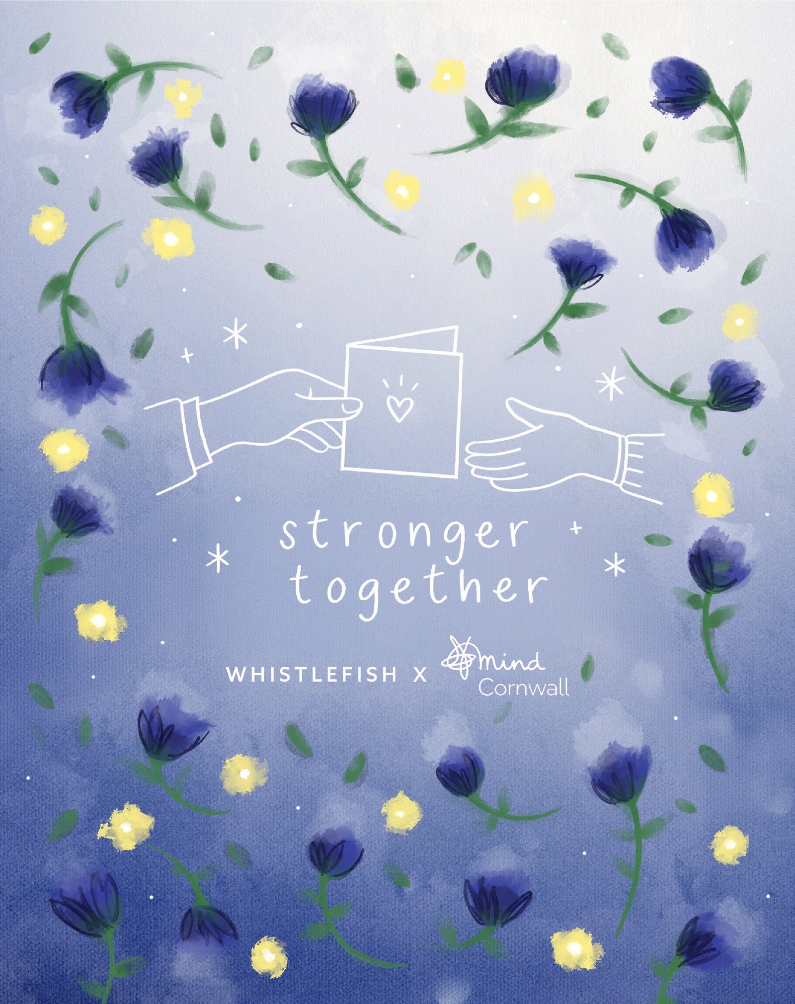 Illustrated hands passing a handwritten greeting card surrounded by soft blue flowers, representing connection and support in the Whistlefish and Mind Cornwall partnership.