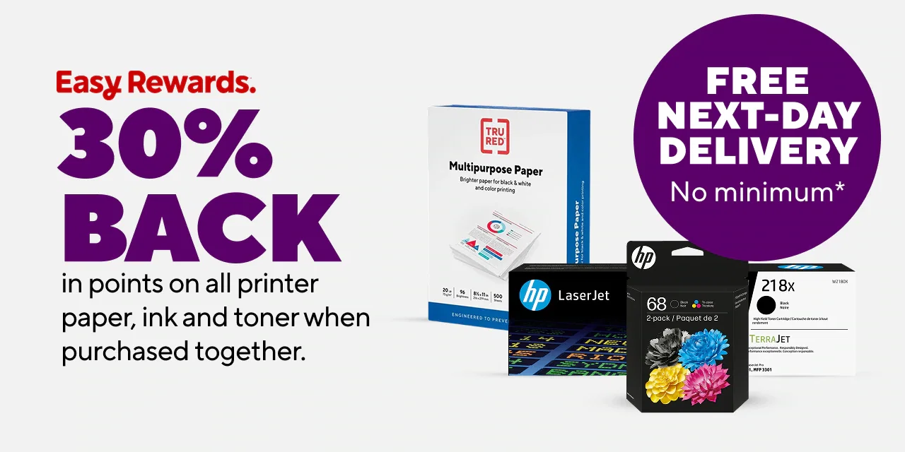 30% back in points on all ink, toner and paper in the same transaction.