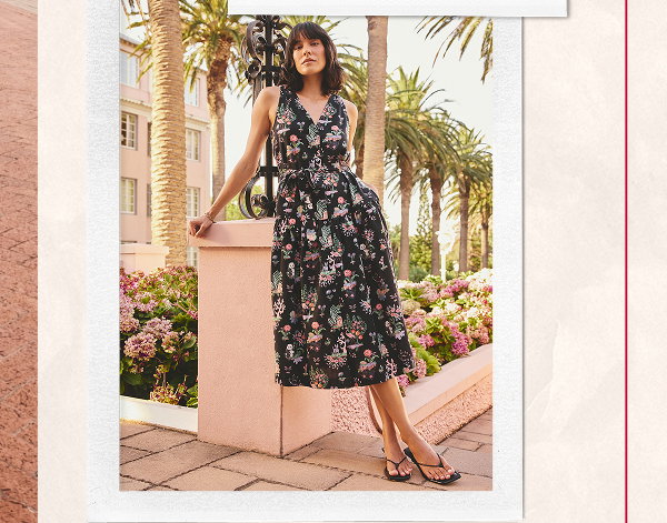 Cath Kidston Black Cotton Island Printed Flowy Midi Dress