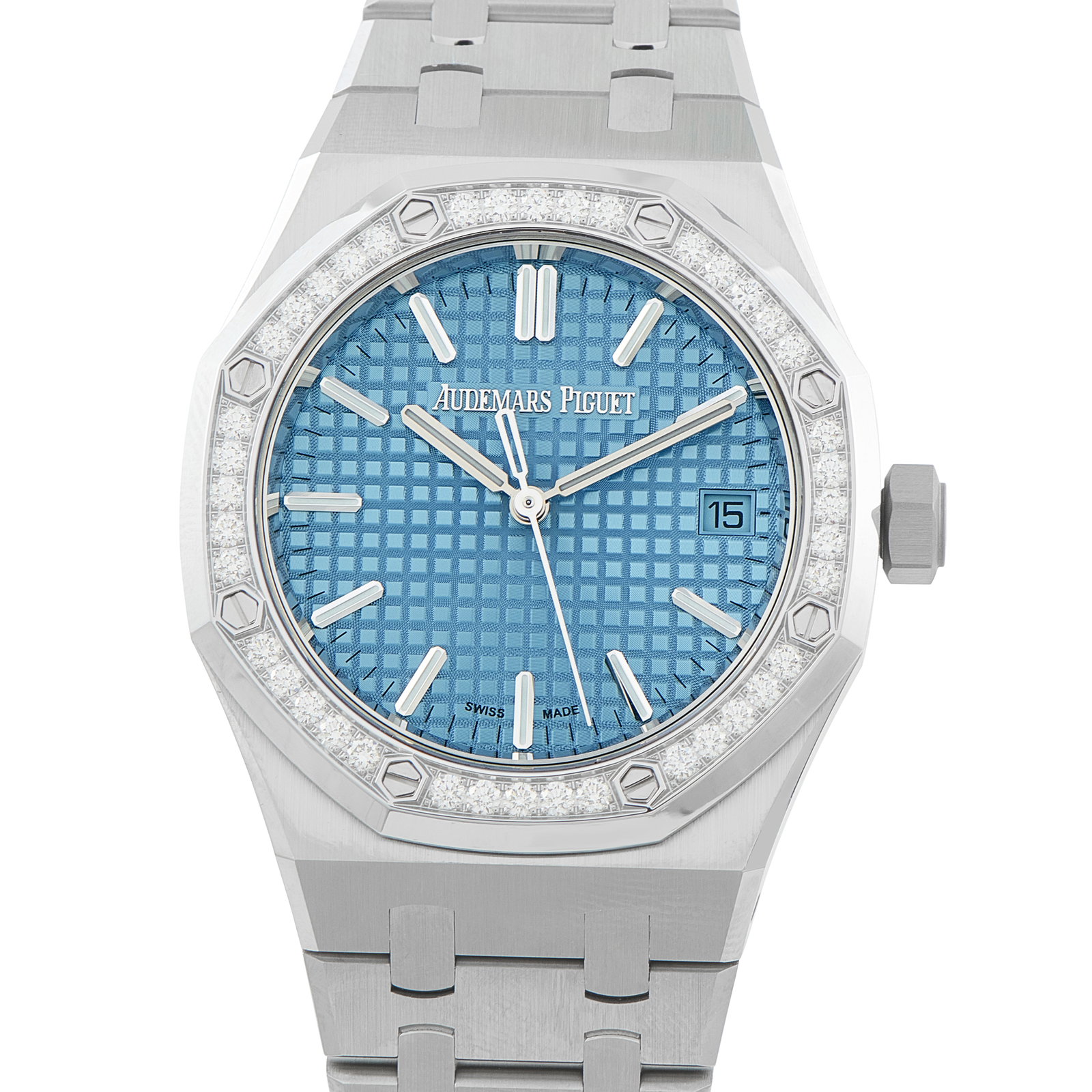 Audemars Piguet Royal Oak Light Blue Dial Diamond Set Bezel Steel Watch 15551ST.ZZ.1356ST.01