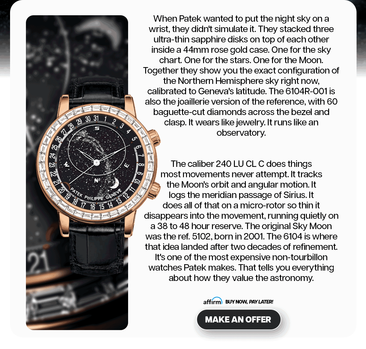 When Patek wanted to put the night sky on a wrist, they didn't simulate it. They stacked three ultra-thin sapphire disks on top of each other inside a 44mm rose gold case.