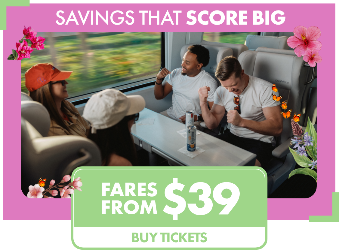 A group of young adults are seated together on a modern train, celebrating and enjoying their journey. Promotional text highlights fares from $39 and encourages buying tickets, creating a cheerful and budget-friendly mood.