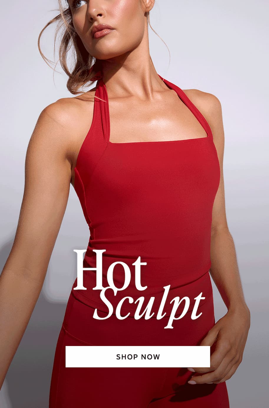 Shop Hot Sculpt - Blonde model in red halter and capri