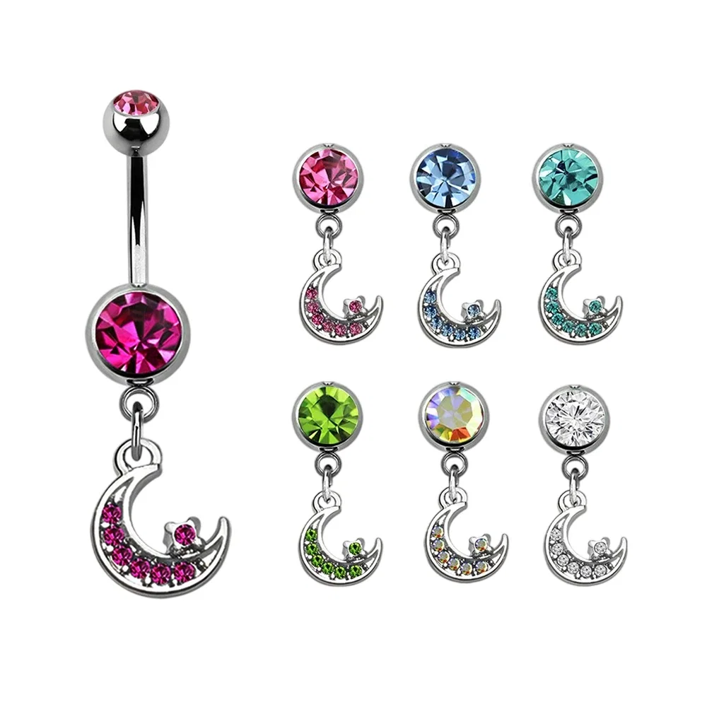  Titanium Moon Star CZ Dangle Belly Button Rings Piercings 14G 