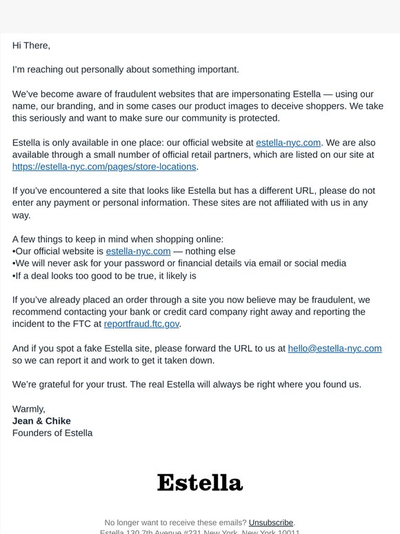 Important Customer Notice: Fake Websites Impersonating Estella