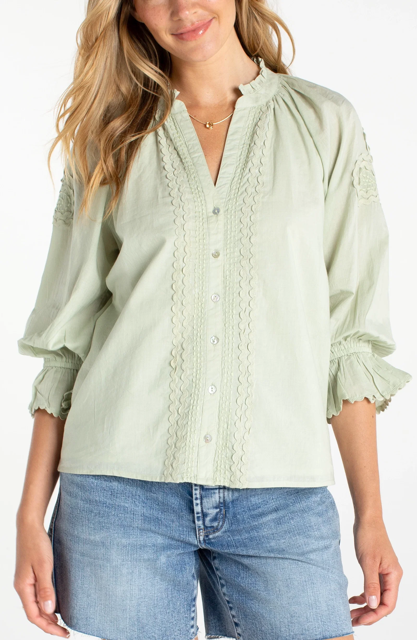 Image of 3/4 SLEEVE BUTTON FRONT WOVEN TOP