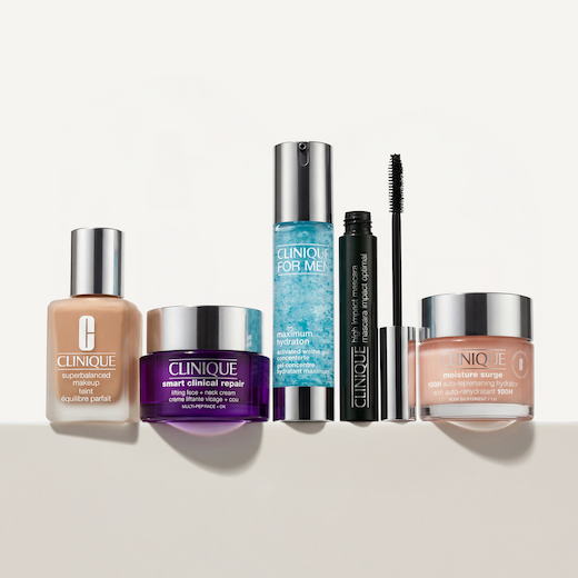 CLINIQUE: an image of a group of cosmetics products sitting on a table