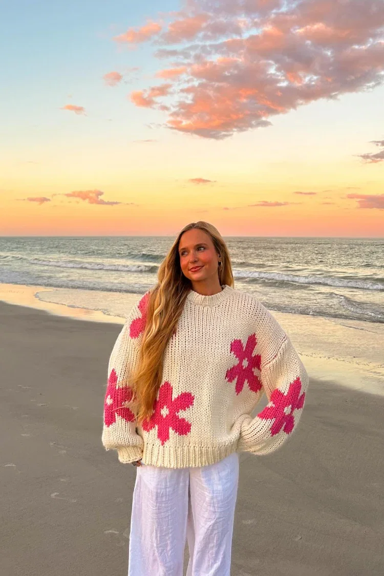Image of Ryver Cream Flower Knit Sweater