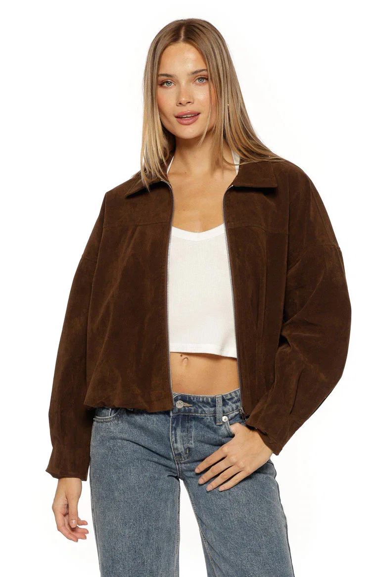 Image of Brookie Brown Suedette Cuff Sleeve Bomber Jacket