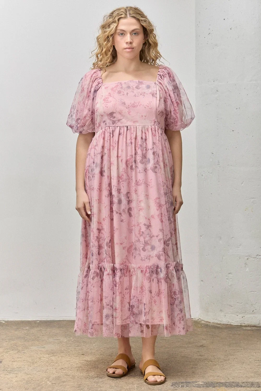 Image of Pink Floral Printed Tulle Puff Sleeve Plus Midi Dress