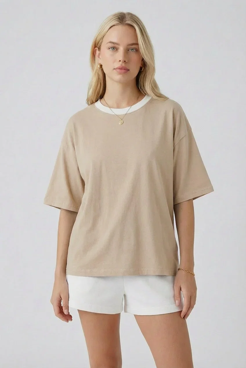 Image of Sand Relaxed Fit Contrast Neckline Tee
