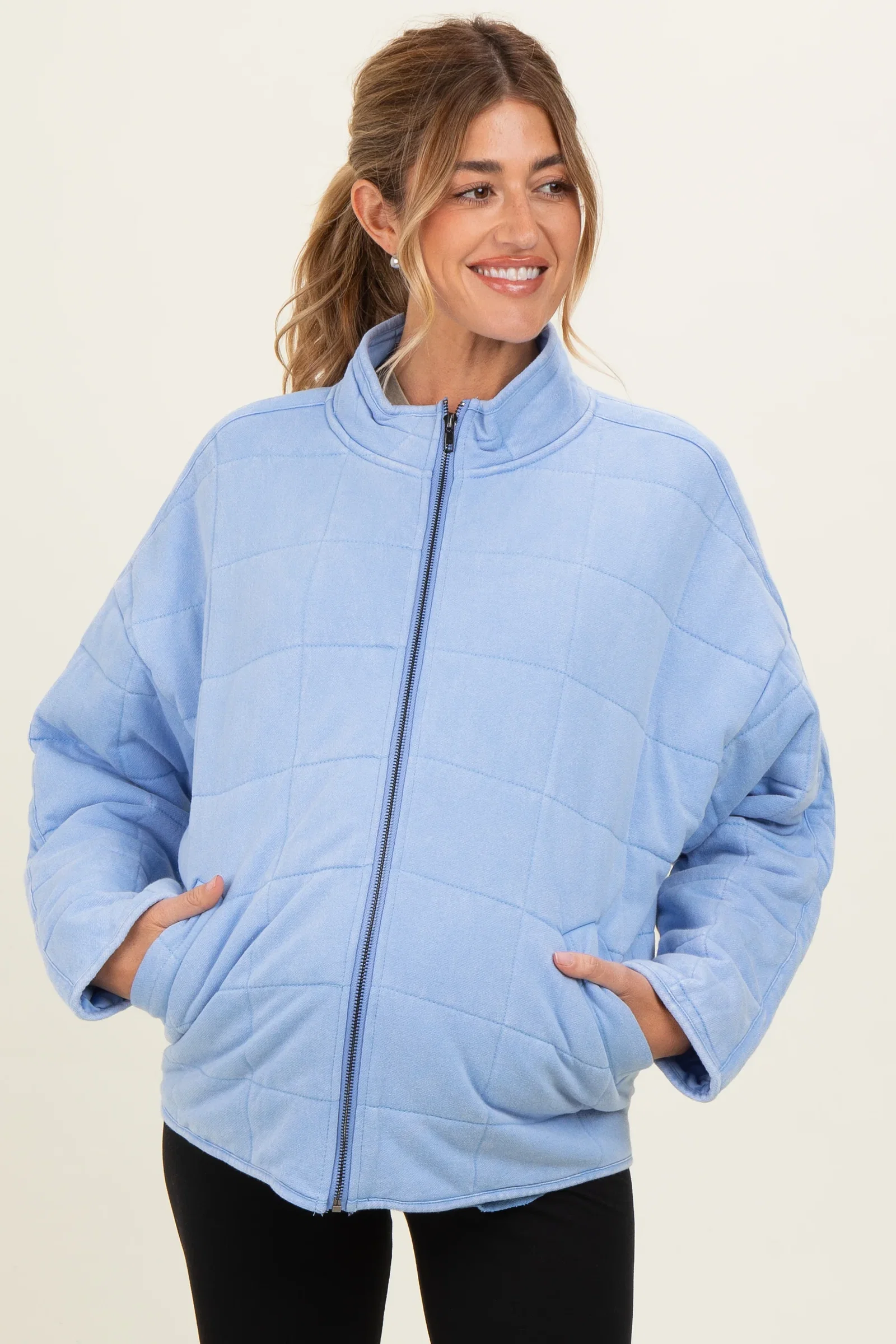 Image of Sky Blue Oversized Quilted Maternity Jacket