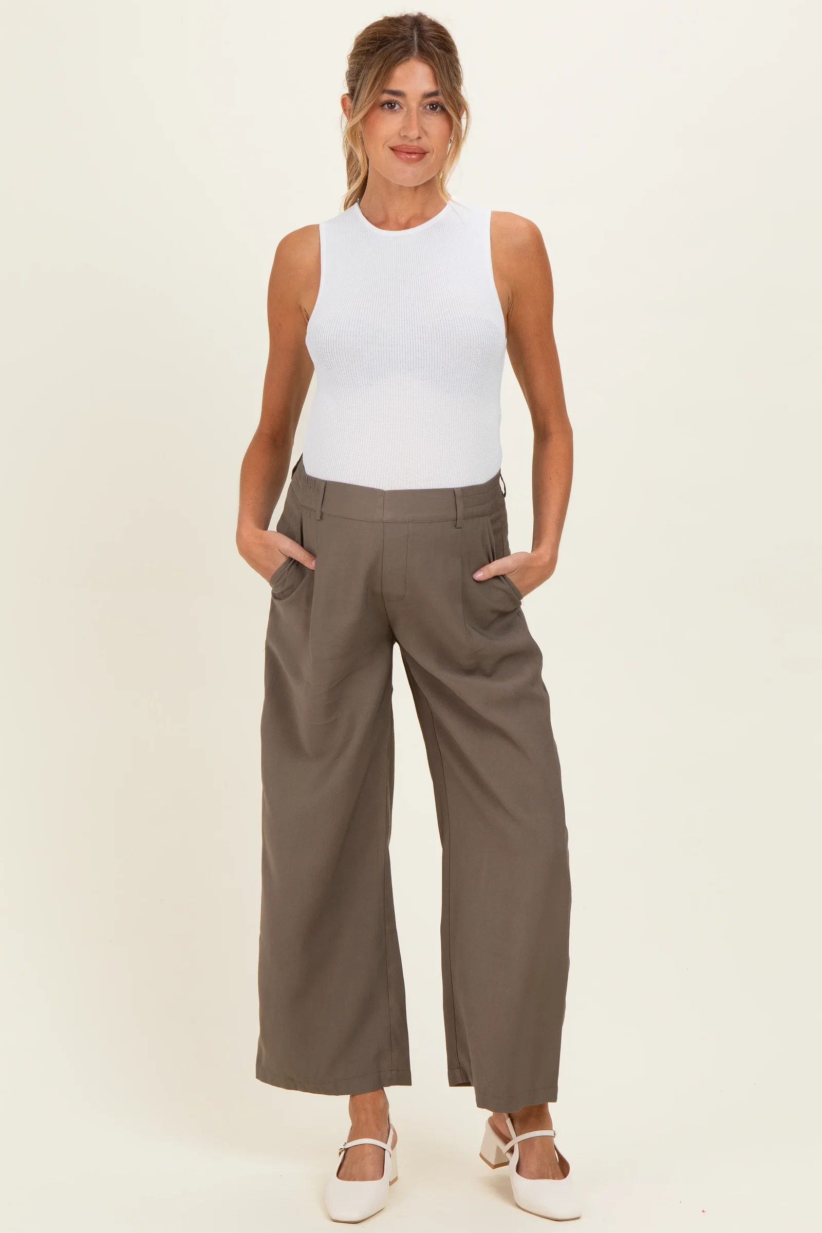 Image of Mocha Elastic Waistband Maternity Trousers