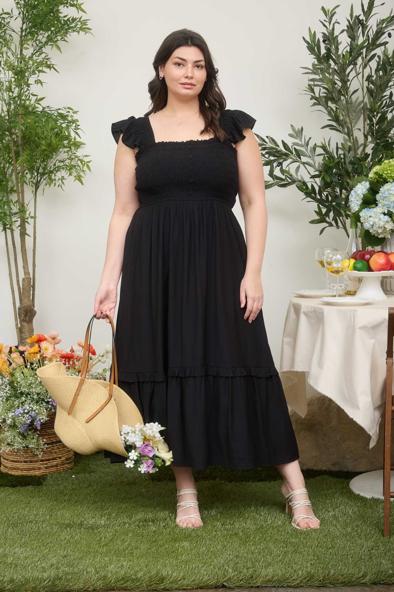 Image of Black Button Accent Smocked Plus Midi Dress