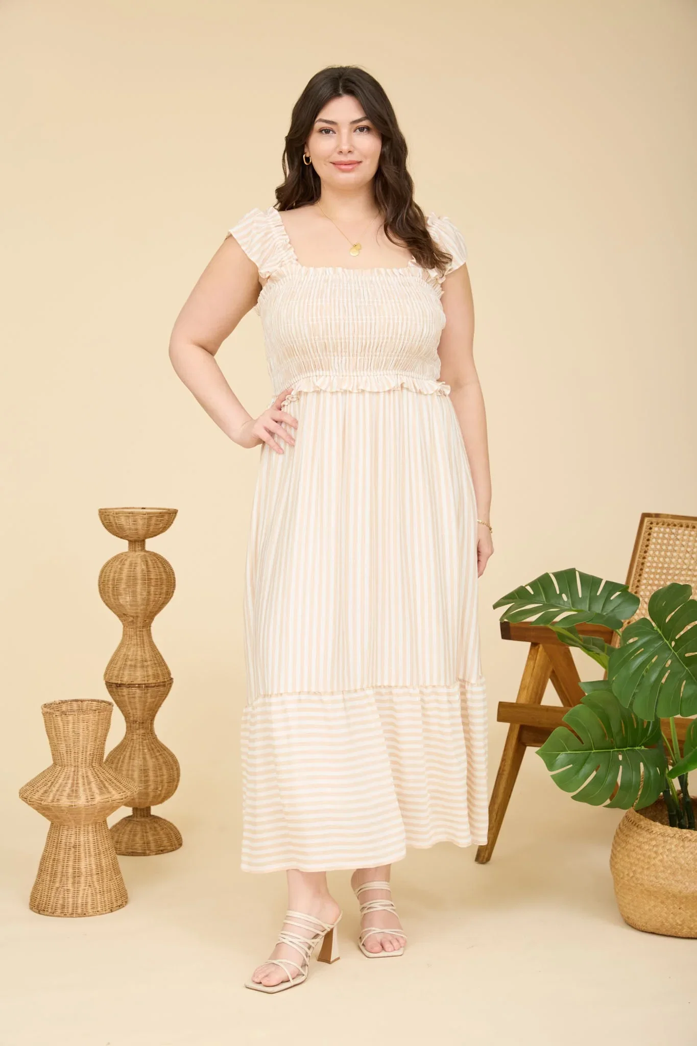 Image of Light Khaki Striped Smocked Plus Midi Dress