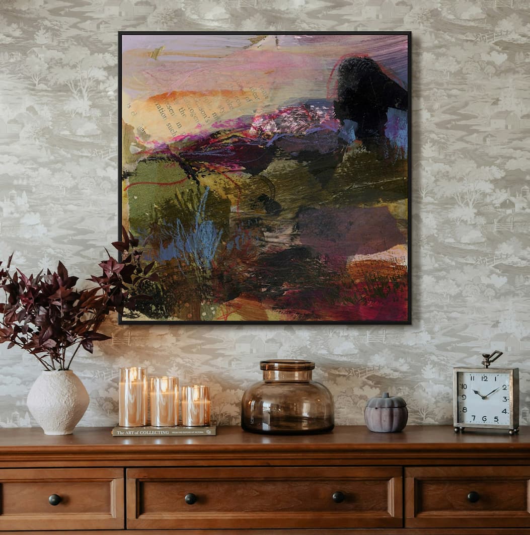 A traditional base grounds the space while contemporary art gives it a fresh edge