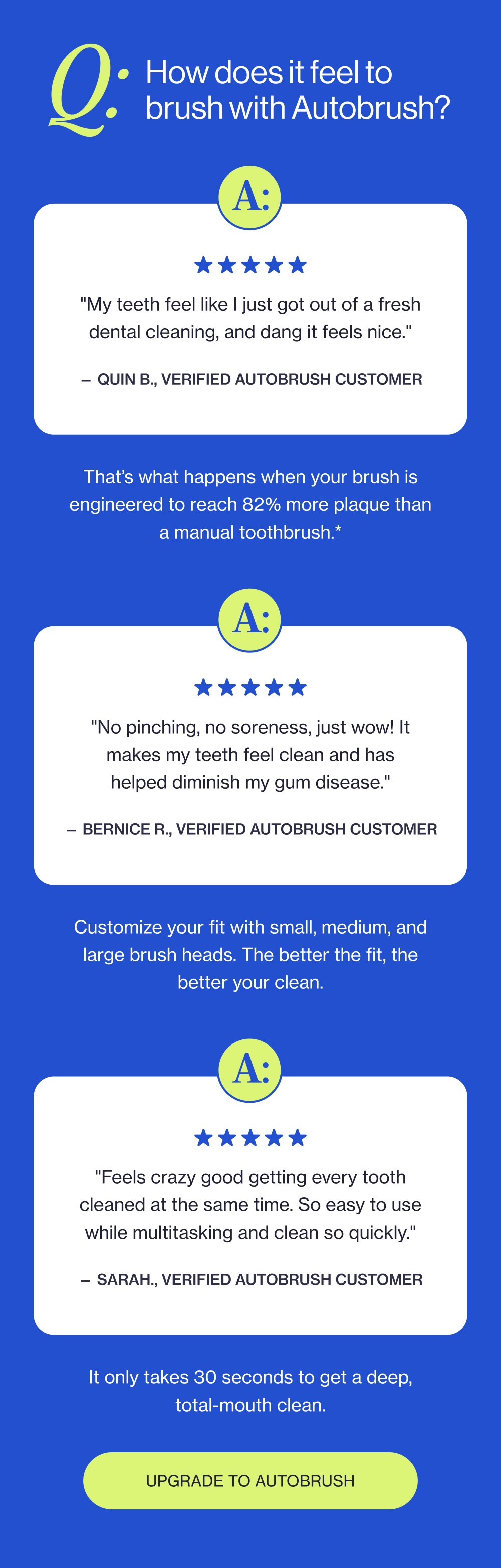 Q: How does it feel to brush with Autobrush? A: "My teeth feel like I just got out of a fresh dental cleaning, and dang it feels nice." — Quin B., Verified Autobrush Customer That’s what happens when your brush is engineered to reach 82% more plaque than a manual toothbrush.* A: "No pinching, no soreness, just wow! It makes my teeth feel clean and has helped diminish my gum disease." — Bernice R., Verified Autobrush Customer Customize your fit with small, medium, and large brush heads. The better the fit, the better your clean. A: "Feels crazy good getting every tooth cleaned at the same time. So easy to use while multitasking and clean so quickly." — Sarah., Verified Autobrush Customer It only takes 30 seconds to get a deep, total-mouth clean. Upgrade to Autobrush