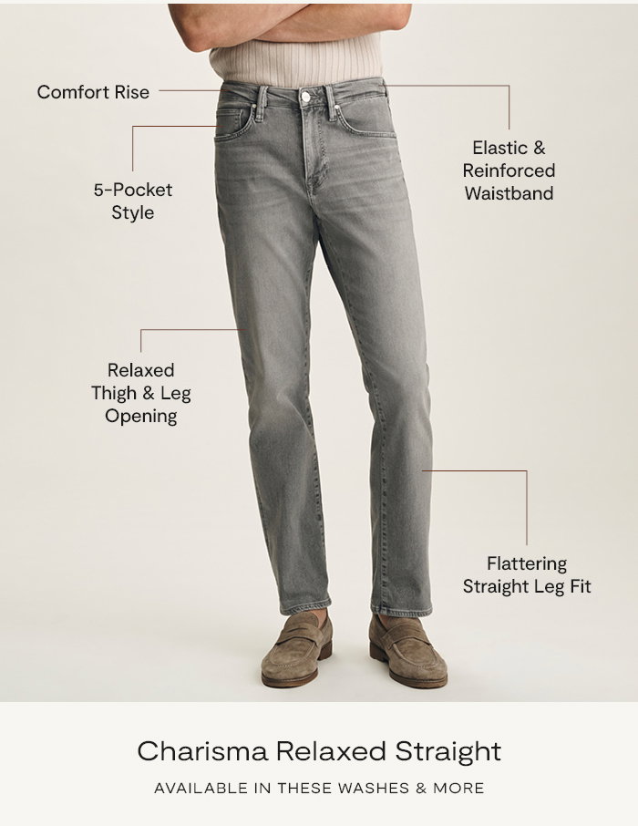 Charisma Relaxed Straight: Comfort rise, elastic and reinforced waistband, 5-pocket style, relaxed thigh and leg opening, flattering straight leg fit