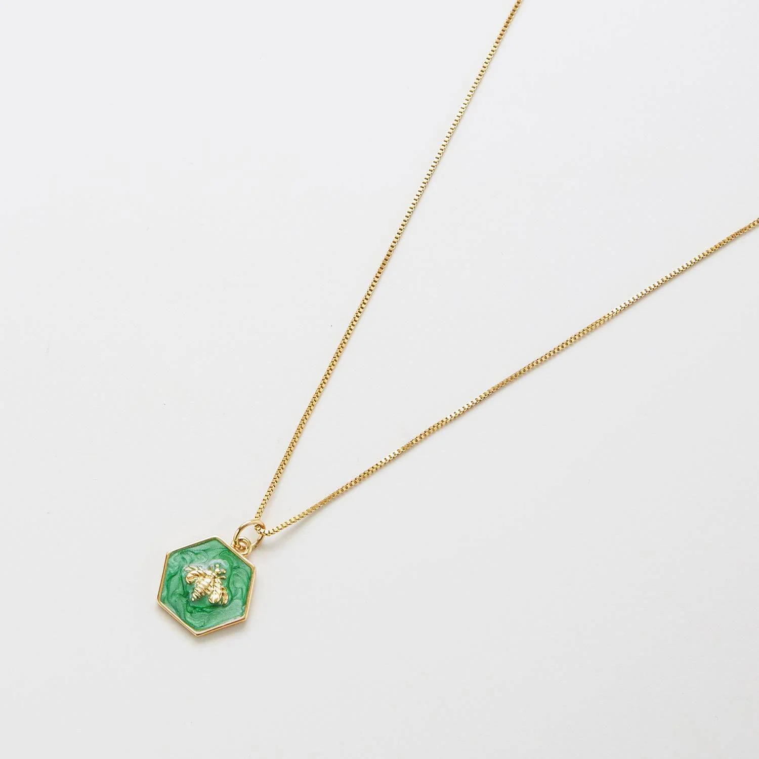 Image of Green Hexagon Gold Bee Necklace
