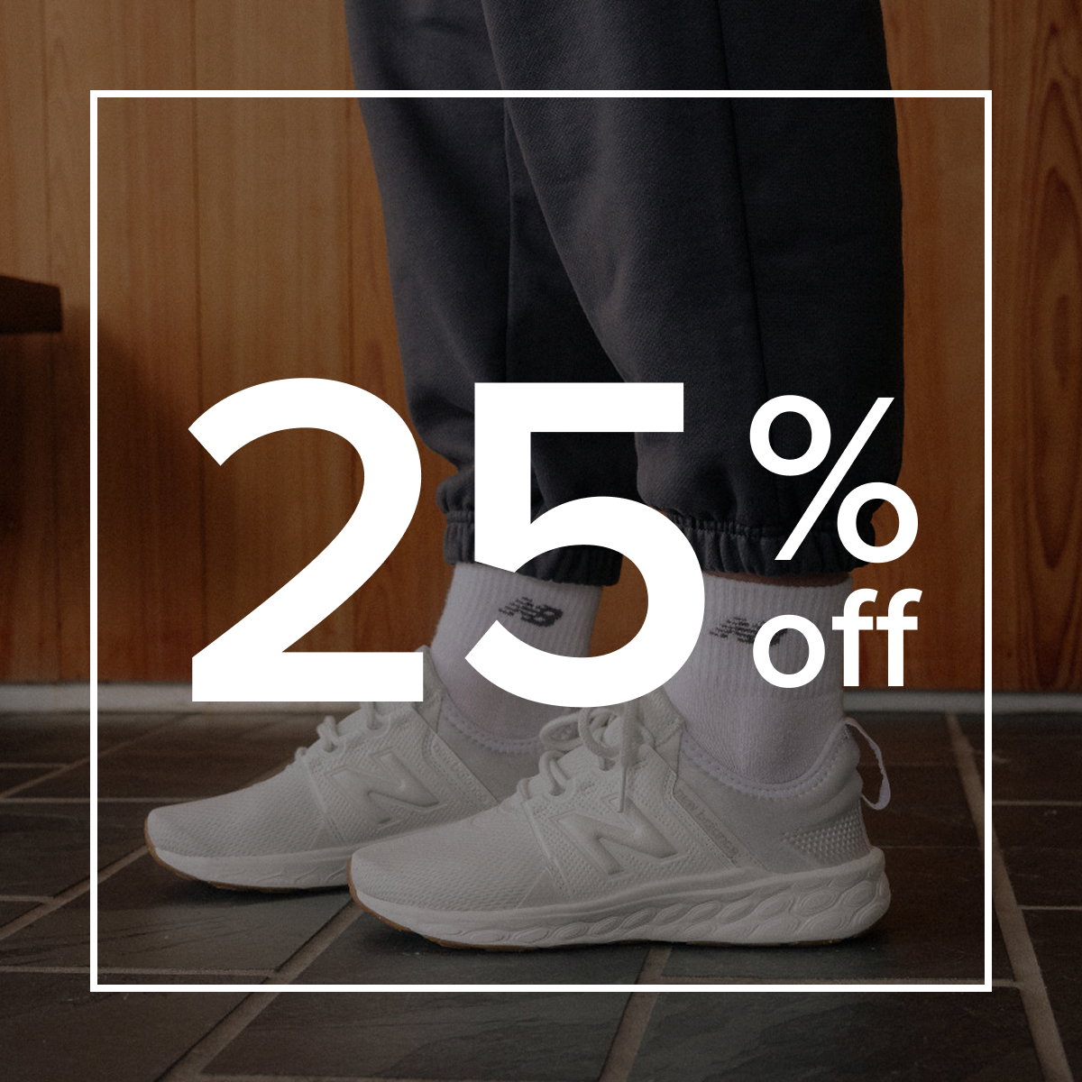 Man pictured wearing New Balance Fresh Foam Roav shoes with text overlay reading '25% off'.