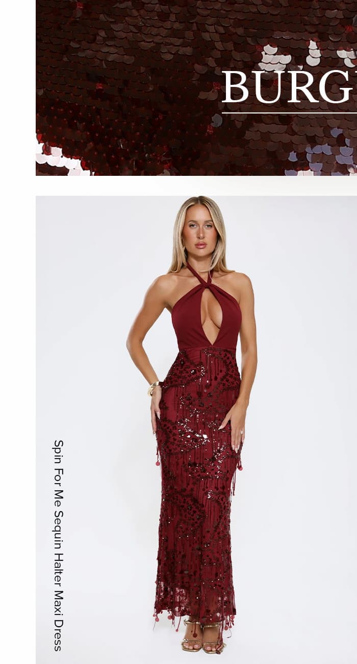 Spin For Me Sequin Halter Maxi Dress Burgundy