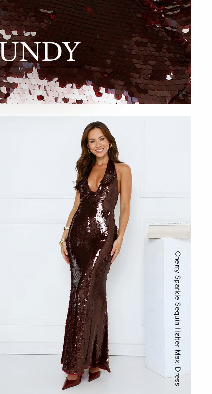 Cherry Sparkle Sequin Halter Maxi Dress Burgundy