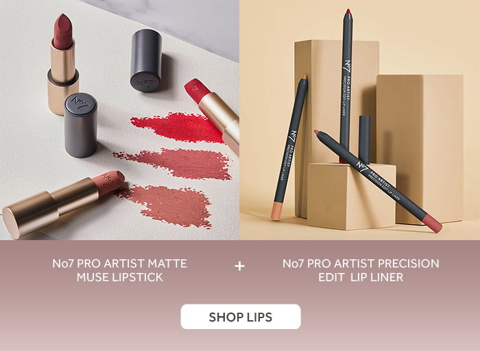 No7 Pro Artist Matte Muse Lipstick + No7 Pro Artist Precision Edit Lip Liner. SHOP 