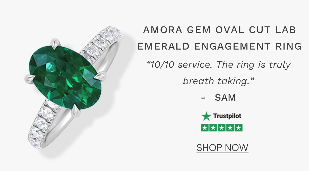 Amora Gem 2.00ct Oval Cut Lab Emerald Hidden Halo Engagement Ring with Side Stones in 18K White Gold