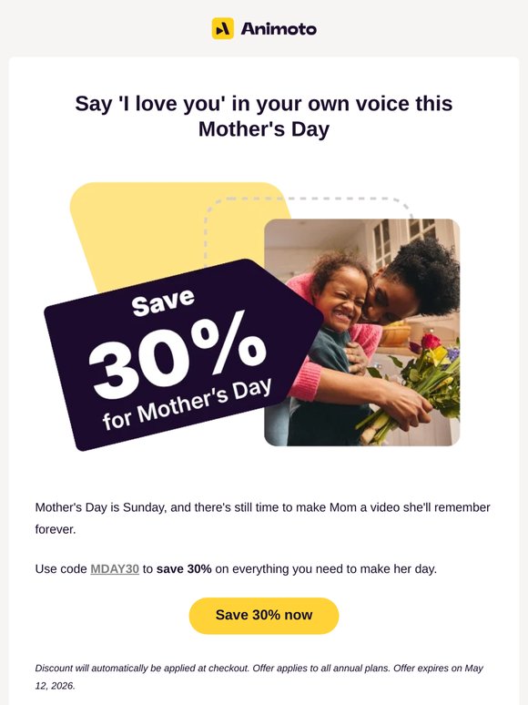 Mother's Day is Sunday. Save 30% on her video.